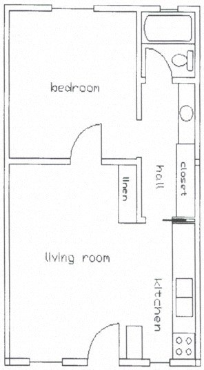 Floor plan for 1 bed, 1 bath, 670 sqft
